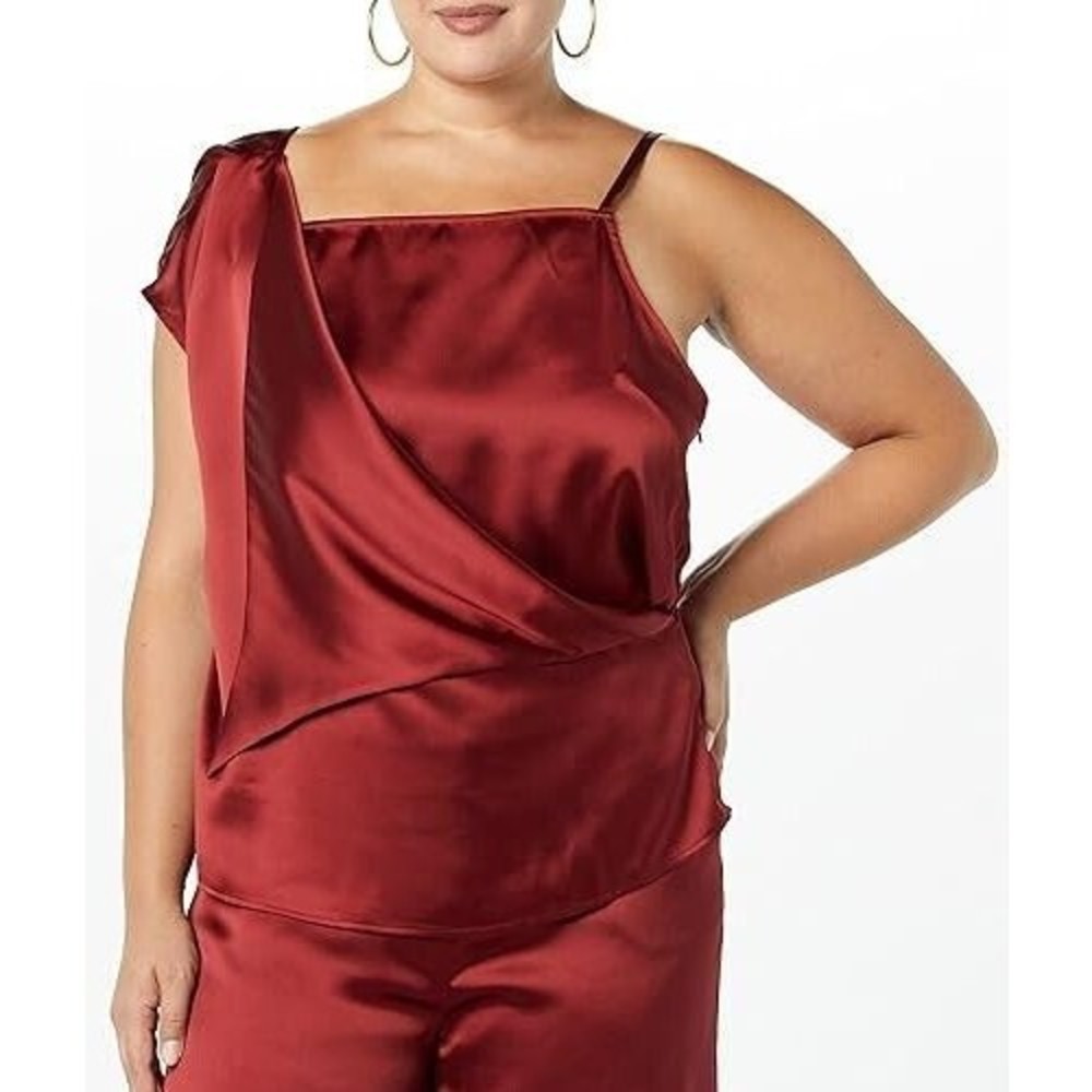 NWT Making the Cut Top Womens One Sleeve Satin Asymmetrical Blouse  2XL Burgundy